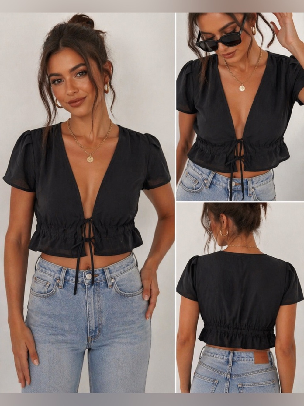 Superdown Black Tie Front Crop Top Blouse Size M